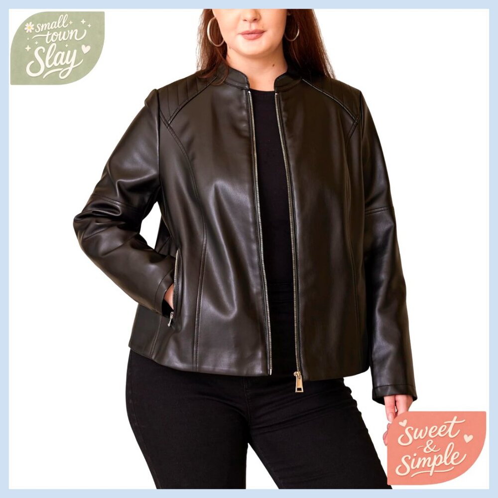 Plus Size Faux Leather Motorcycle Jacket with Quilted Shoulders